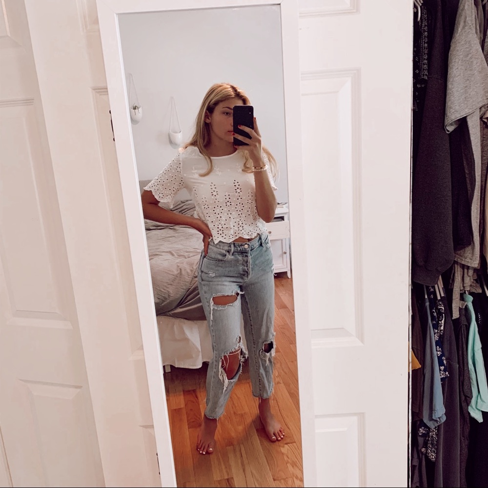 White Floral Cutout Top